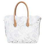 White PU+Fabric Tote Bag - B-B021431
